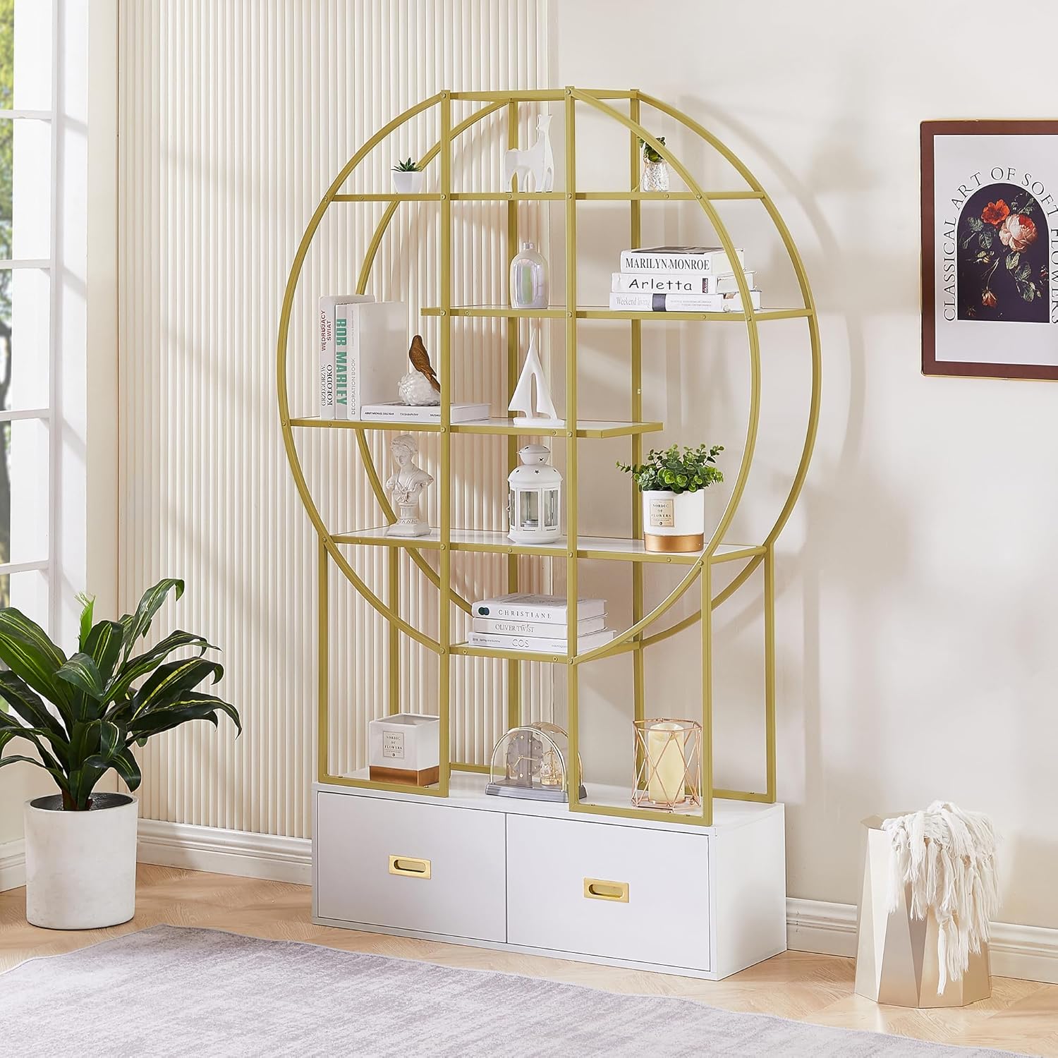 6-Tier Gold Bookshelf with 2 Storage Drawers, Tall Metal Bookcase for Storage, Modern Standing Display Storage Organizer, Industrial Open Bookshelves for Home Office, Living Room, White and Gold