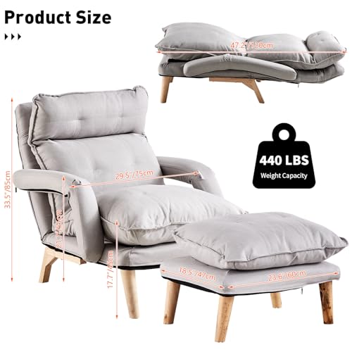 Linen Accent Chair with Ottoman, Adjustable Lounge Chair with Footstool and Soft Cushion, Leisure Sofa Armchair with Wooden Legs, Comfy Relaxing Chair for Lounge, Living Room, Office (Gray)