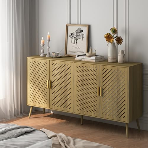 Wood Sideboard Buffet Cabinet with Storage, 4 Doors, Adjustable Shelves, TV Stand or Coffee Bar for Kitchen, Dining Room, Living Room, Entryway (Walnut)
