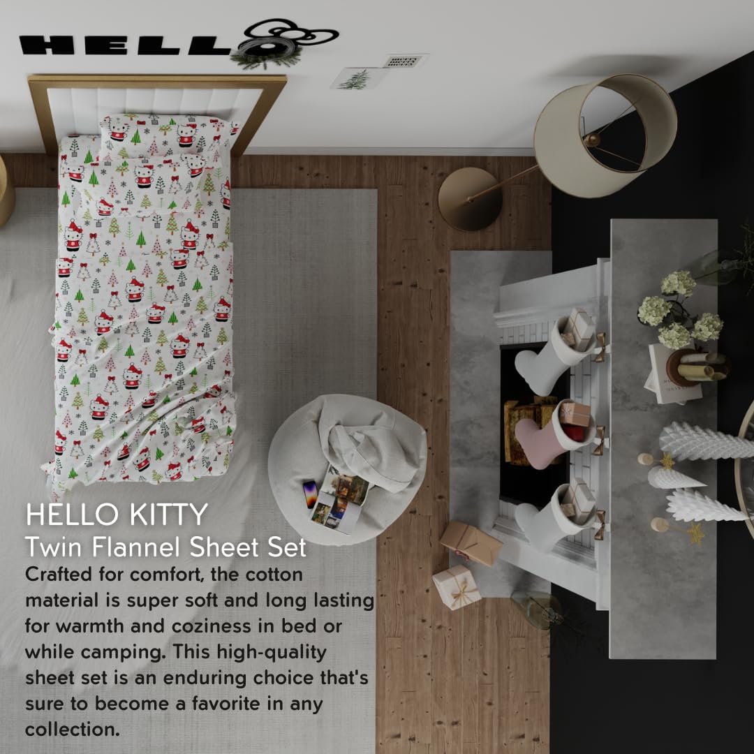 Franco Hello Kitty Holiday & Christmas Bedding Super Soft 100% Cotton Flannel Sheet Set, Twin, (Officially Licensed Product)