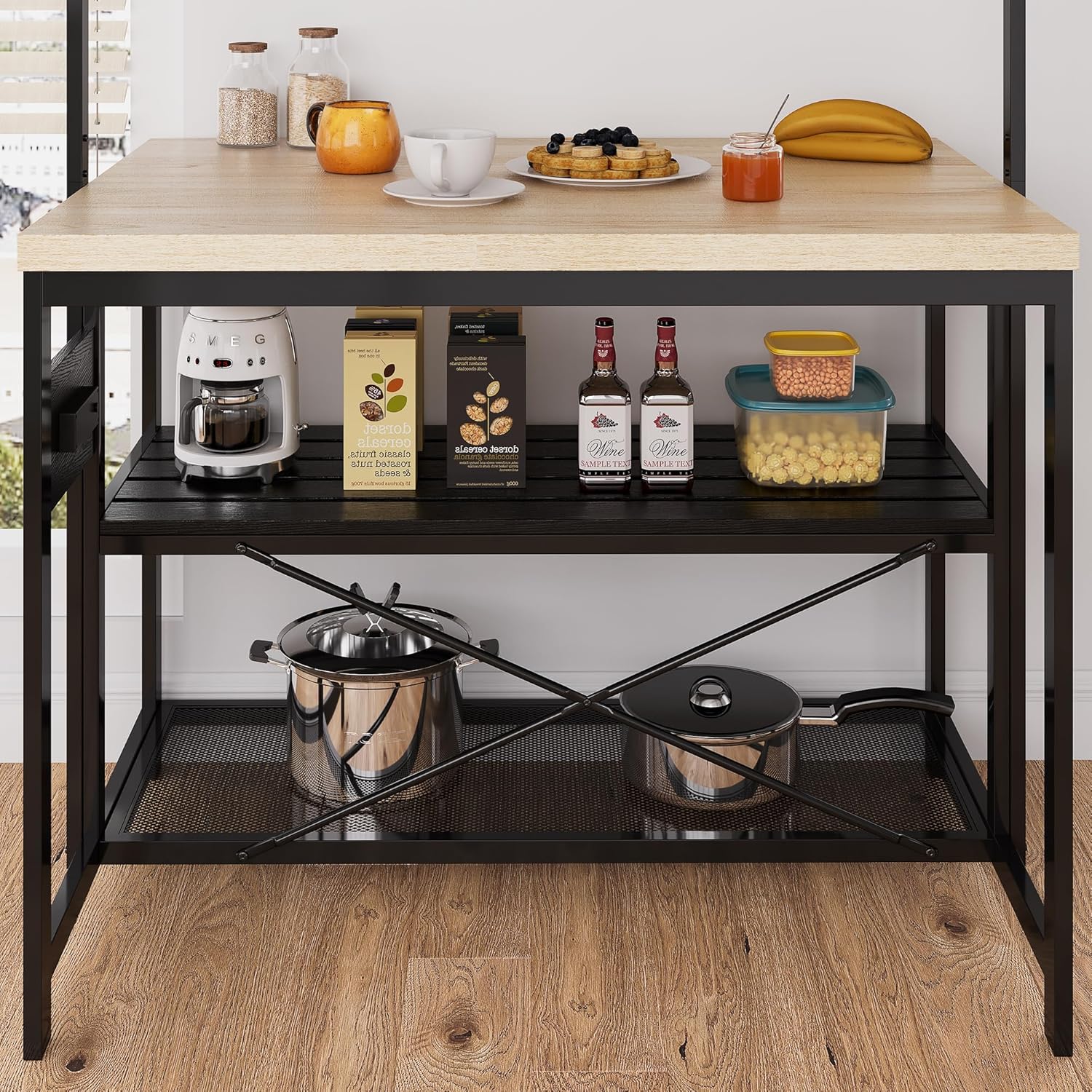 Power Outlet Kitchen Island，Bakers Rack，Coffee Bar Table, Large, Pear Wood Tabletop and Black Metal Frame