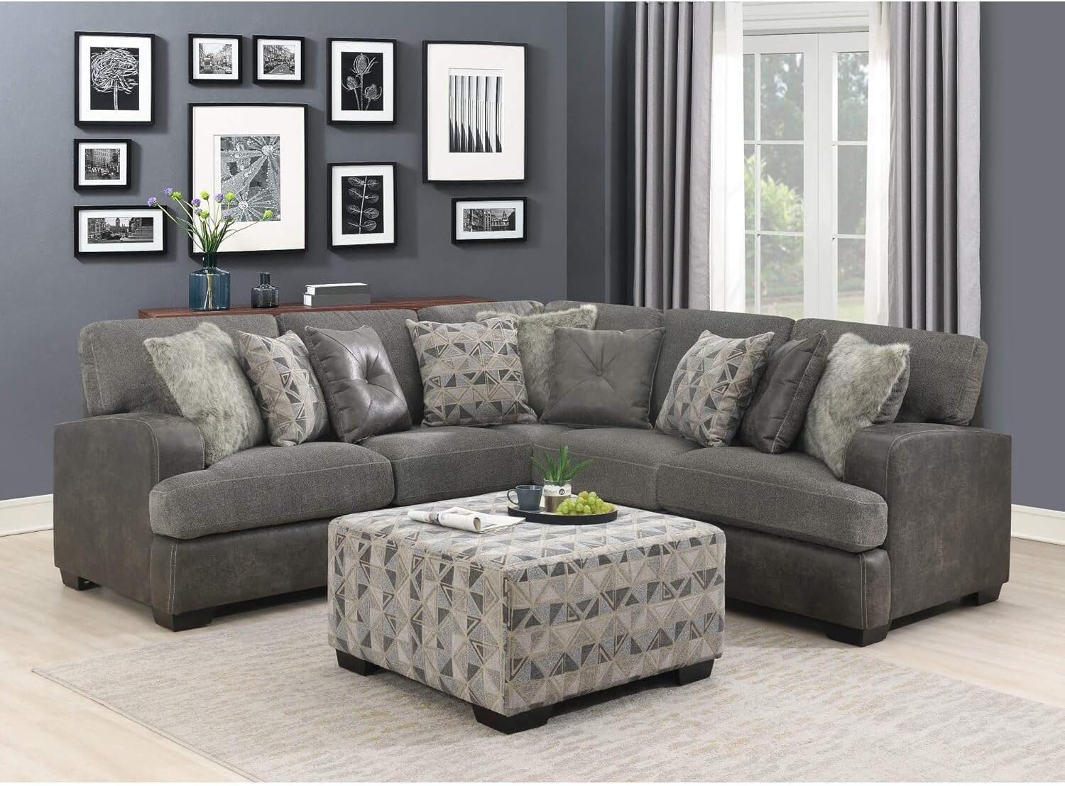 Artisanal Attic Bright Charcoal Tweed and Faux Leather Sectional with Cozy Fabrics and Deep Seating