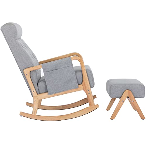 Accent Rocking Chair with Ottoman, Modern Fabric Upholstered Armchair with Thicken Padded Cushion and High Backrest, Glider Rocker with Side Pocket and Solid Wood Base, Beige