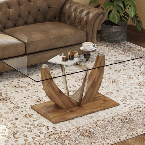 Rectangular Glass Coffee Table, Suitable for Living Room, Home Office, Transparent Tempered Glass Retro Coffee Table, with Wooden MDF Legs and Stainless Steel Decorative Columns.