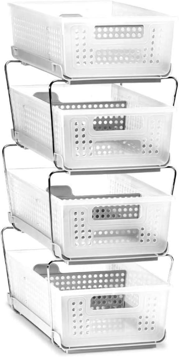 madesmart Stackable 2-Tier Organizer, Multi-Purpose Slide-Out Storage with Extra Set of Legs, Handles and Dividers for Home and Bath, BPA Free, Frost