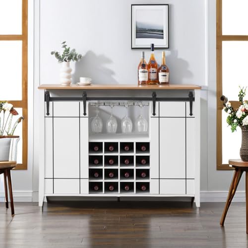 IDEALHOSUE Farmhouse Coffee Bar Cabinet with Storage, 47’’ Wine Bar Cabinet with Sliding Barn Door, Buffet Sideboard Cabinet with 16 Bottle Wine Rack for Dining, Living Room, Light Rustic Oak
