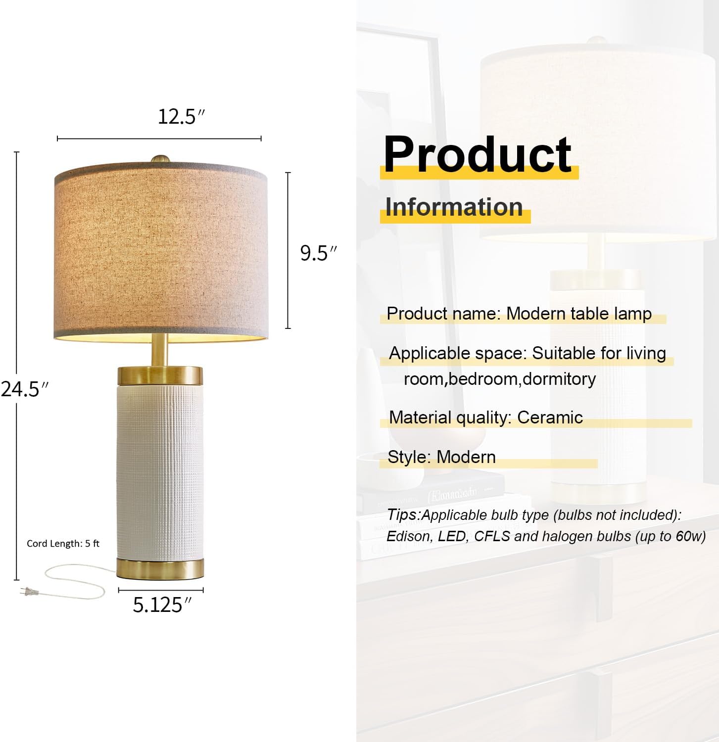 24.5 inches Modern Ceramic Bedside Lamp Set of 2 for Bedroom Decor Farmhouse Table Lamp for Living Room Office Dorm