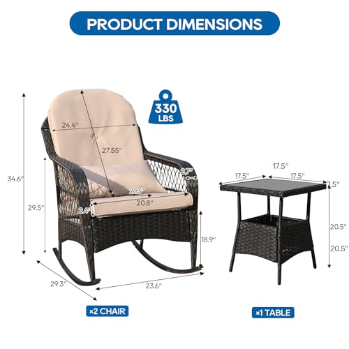 3 Pieces Rocking Wicker Bistro Set, Patio Outdoor Furniture Conversation Sets, All-Weather Rocking Lawn Wicker Furniture for Garden, Backyard, Porch, Poolside (Beige)