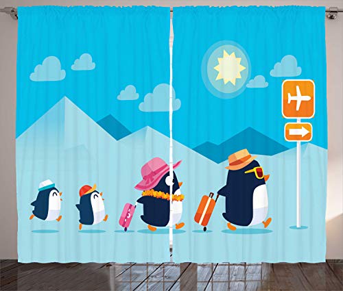 Ambesonne Airport Curtains, Cartoon of Funny Penguin Family Go to Tropical Holiday on Way to Airfield, Living Room Bedroom Window Drapes 2 Panel Set, 108