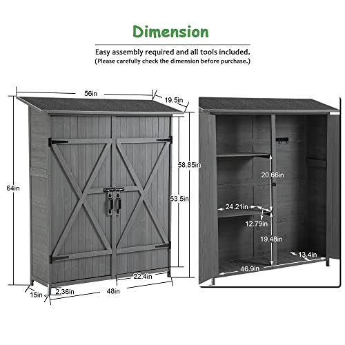 Outdoor Storage Cabinet, Outside Wood Shed with Waterproof Roof & Detachable Shelves & Double Locks, Vertical Tool Storage Box for Patio, Garden, Backyard, Brown