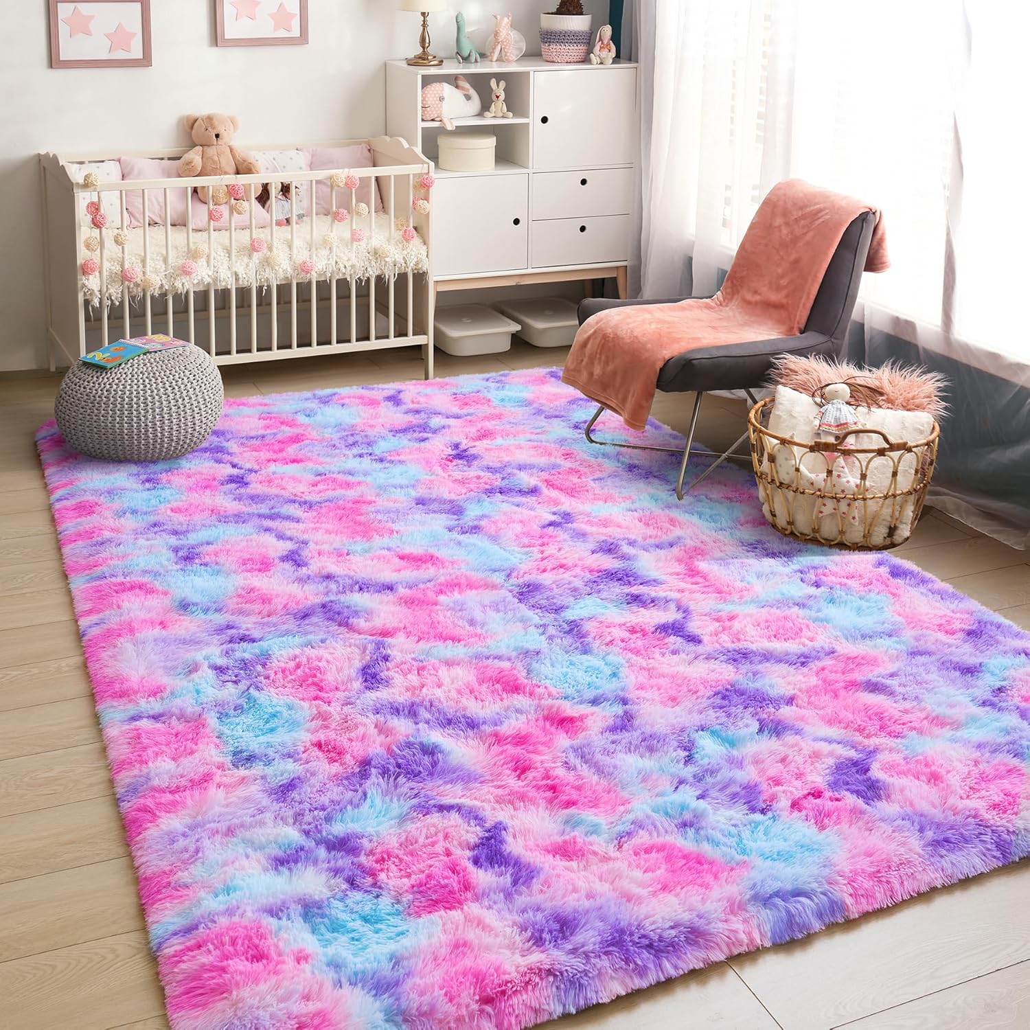 BENRON Soft Rainbow Rugs for Girls Kids Bedroom Fluffy Living Room Rug Bedroom Rug 4x6 Feet Colorful Nusery Rug, Hot Pink, Non-Slipping Rugs for Toddlers Teens Children,Washable