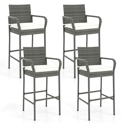 RELAX4LIFE Outdoor Bar Stools Set of 4 - Wicker Rattan Barstools w/Backs, Seat Cushions, Arms & Metal Frame, Tall Patio Bar Chairs for Garden Deck Backyard, Counter Height Bar Stools (2, Mix Brown)