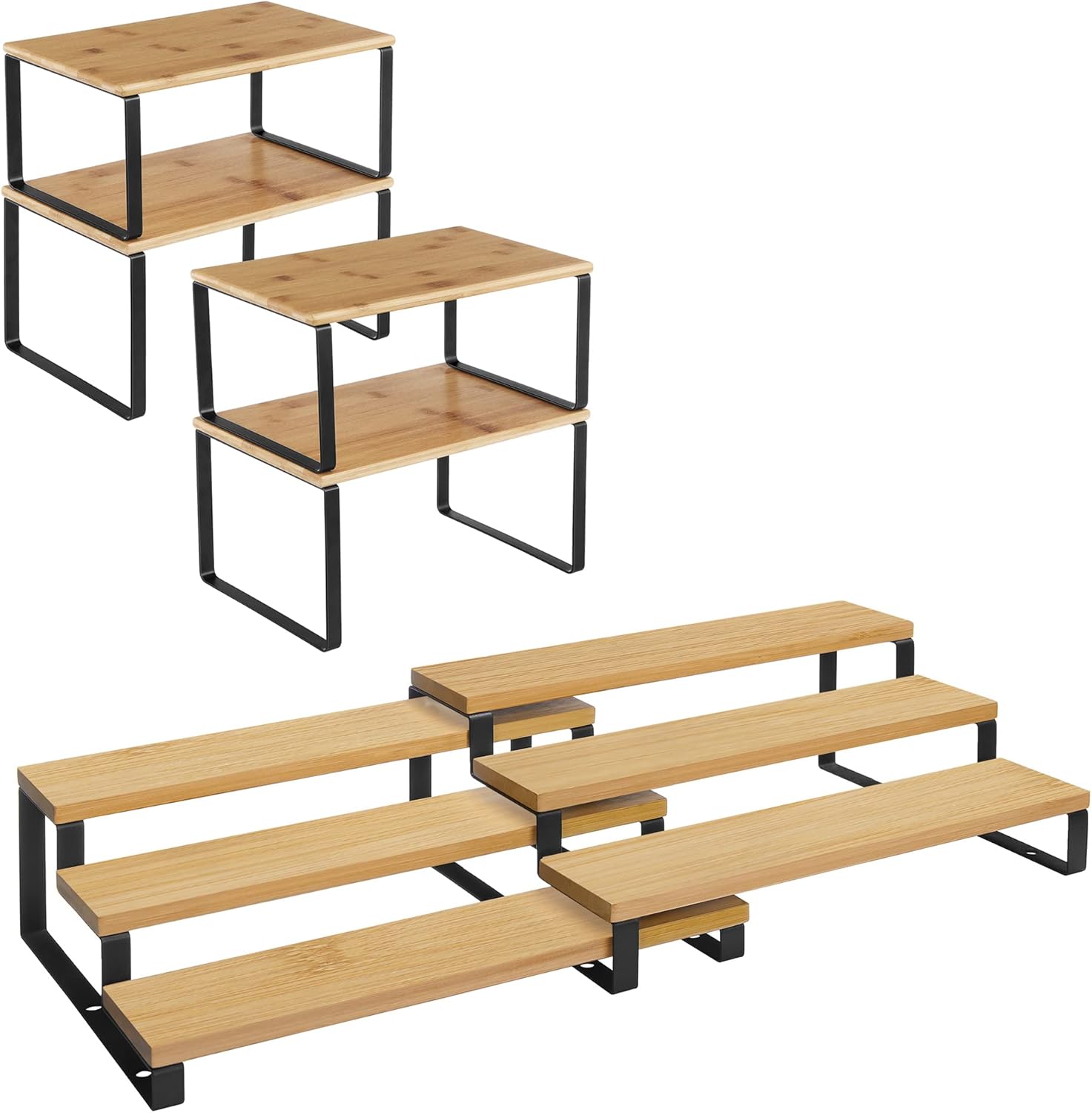 SONGMICS 4 Bamboo Shelf Organizers and 2 Spice Racks Bundle, 2 Sets of Cabinet Organizers, for Kitchen Organization, Natural and Black UKCS10NB and UKCS016N01