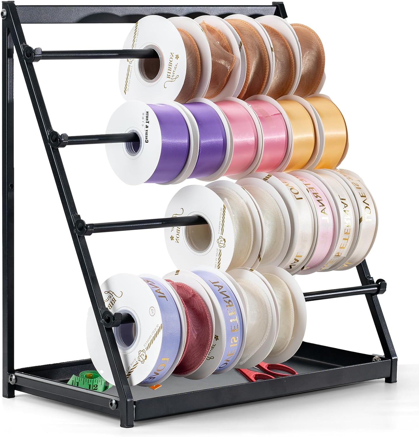 Ribbon Holder Organizer Rack with Storage Tray, 4 Tier Ribbon Spool Holder Stand,Metal Sewing Organizer Display Shelf for Craft Room,Cake Shop,Flower Store(On the Table & Wall Mounted)