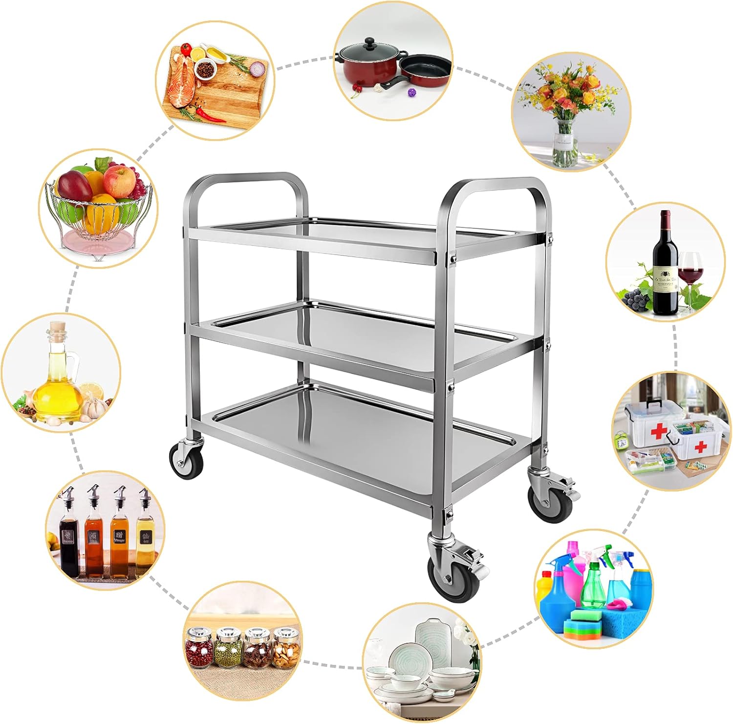 Marada 3 Tier Stainless Steel Utility Cart with Locking Wheels Shelf,Kitchen Cart Trolley,33'' L x 18'' W x 35''H,Utility Rolling Serving Catering Storage for Kitchen Restaurant Hotels