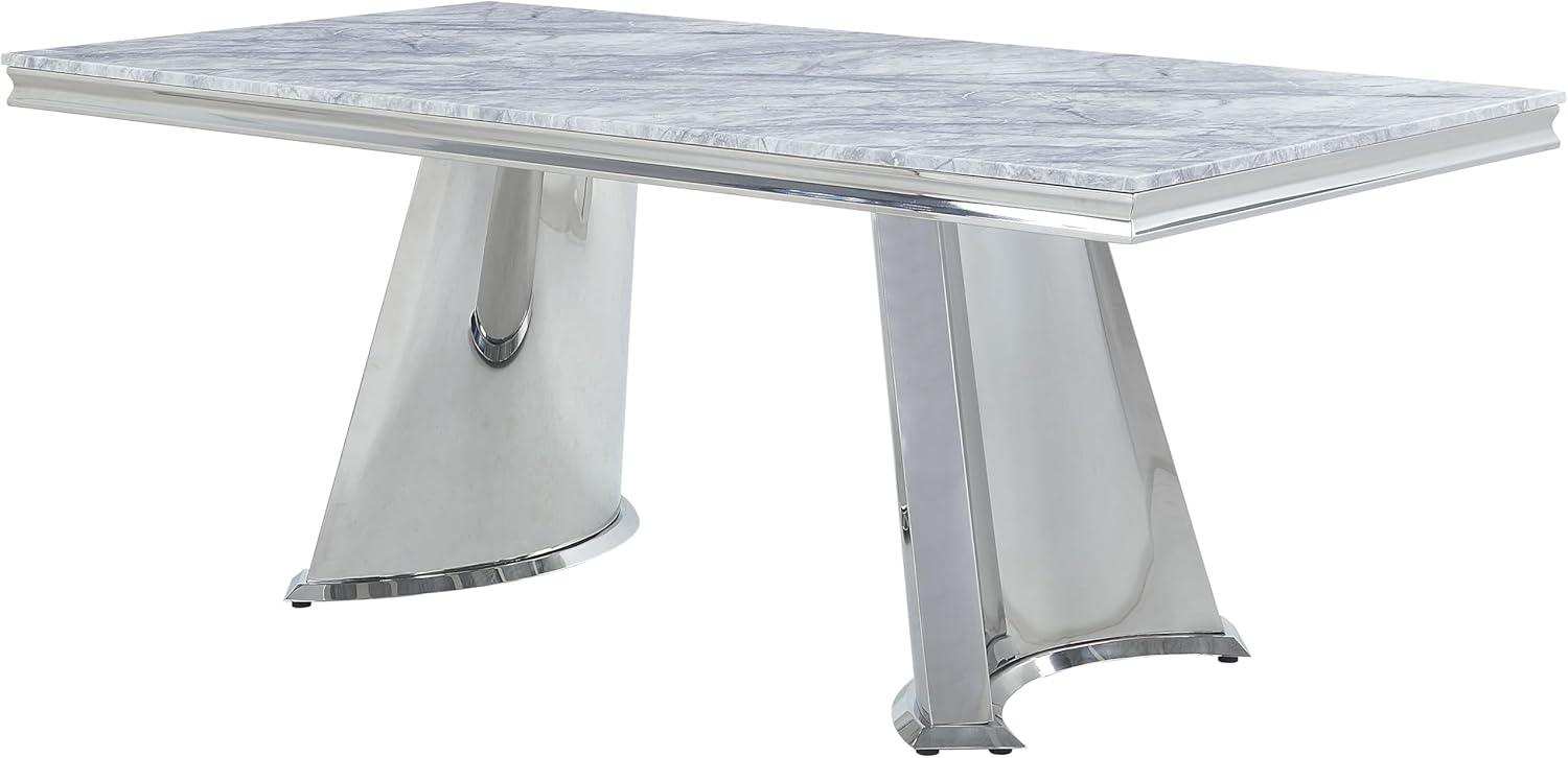 Acme Destry Dining Table in Faux Marble Top and Mirrored Silver