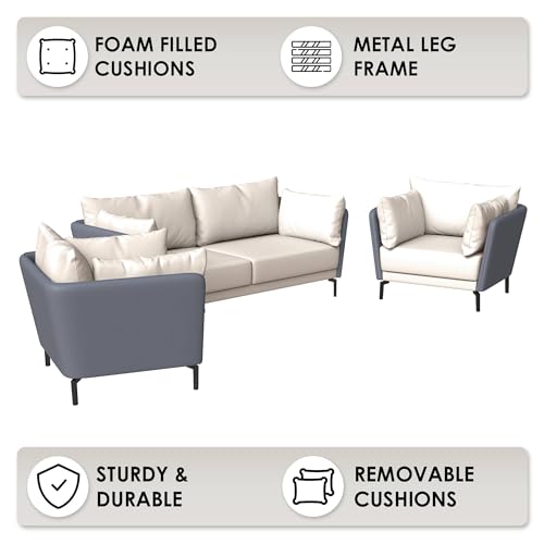LeisureMod 3-Piece Sofa Set with a 3-Seater and 2 Single-Seater Armchair Upholstered in Leather with Removable Cushions Luxify Series in Grey