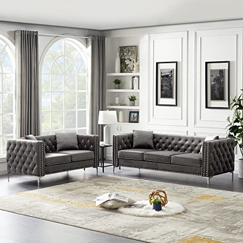 2 Piece Velvet Sofa, Modern 3 Seater Couch & Loveseat with Jeweled buttons Tufted+Square Arm and 4 Pillow,Beige