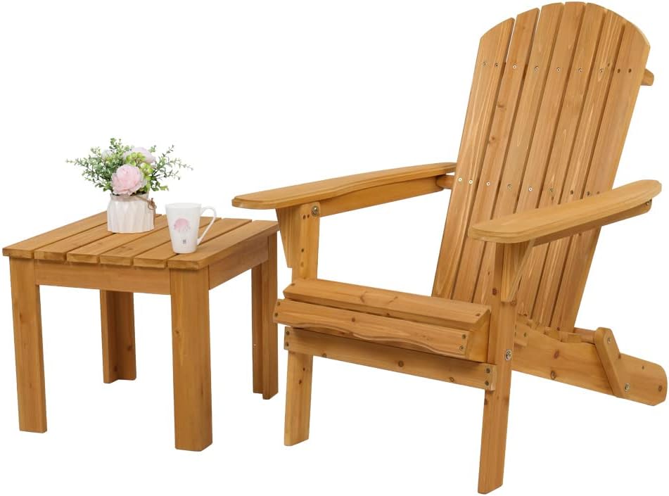 VINGLI Folding Wooden Adirondack Chair and Table Set Lounger 350 LBs Support Fire Pit Seating Natural Finished Weather Resistant Indoor Outdoor Furniture