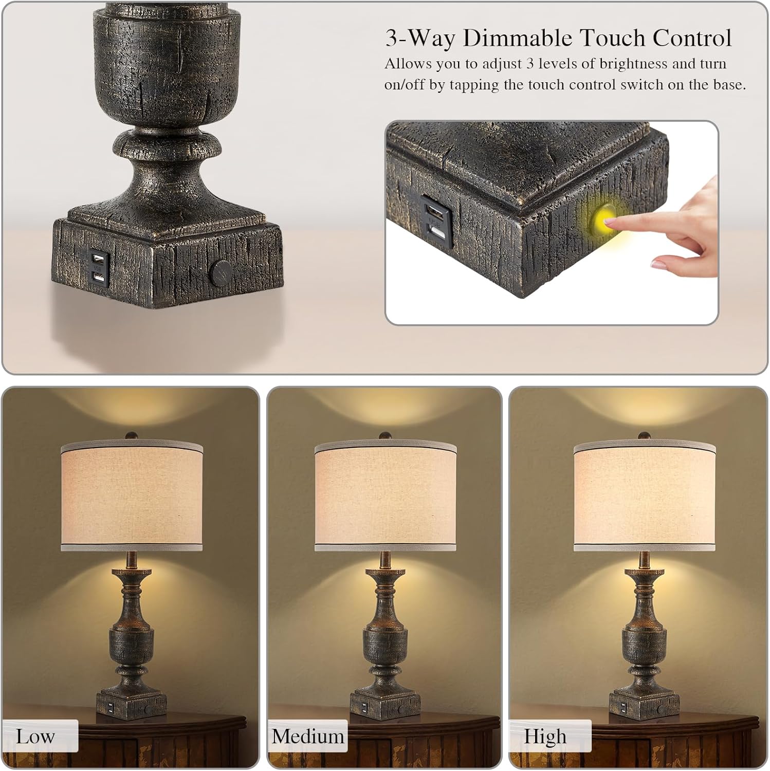 Set of 2 Vintage Table Lamps for Living Room Bedroom Bedside, 3 Way Touch Dimmable Nightstand Lamp with 2 USB Ports, Farmhouse Rustic Traditional Resin Lamps, 2 Bulbs Included