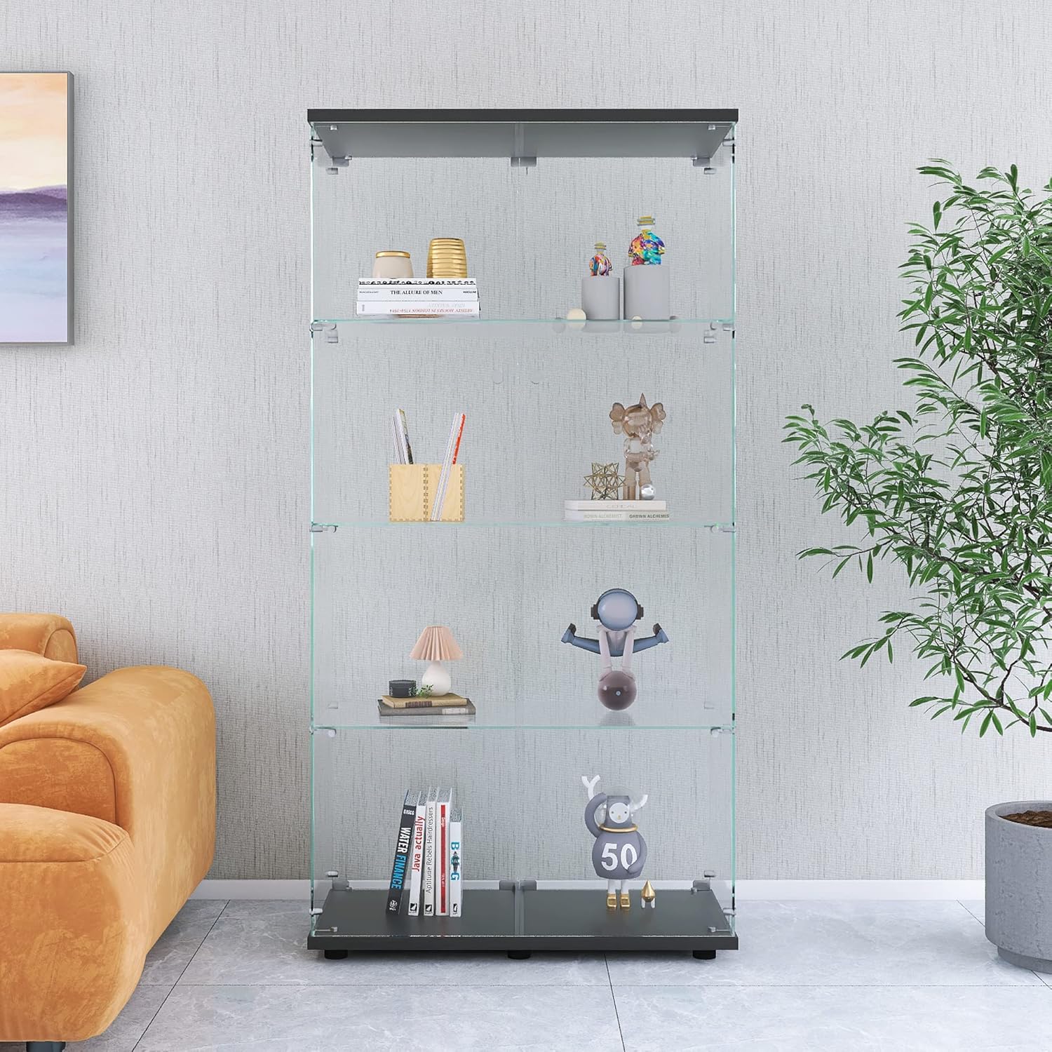 4-Shelf Glass Display Cabinet with Double Door, Fast Installation in 30 Mins, Curio Cabinets 5mm Tempered Glass Floor Standing Bookshelf for Bedroom, Living Room 64.7”x 31.7”x 14.3” Black