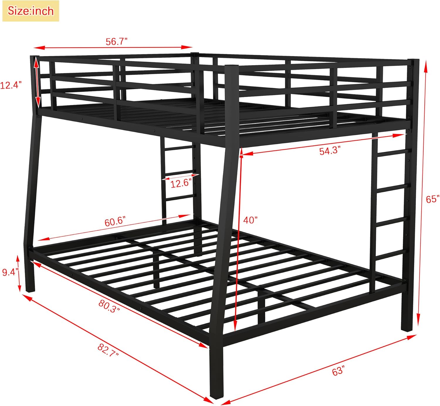 Bellemave Bunk Bed Full XL Over Queen Metal Bunk Bed, Black