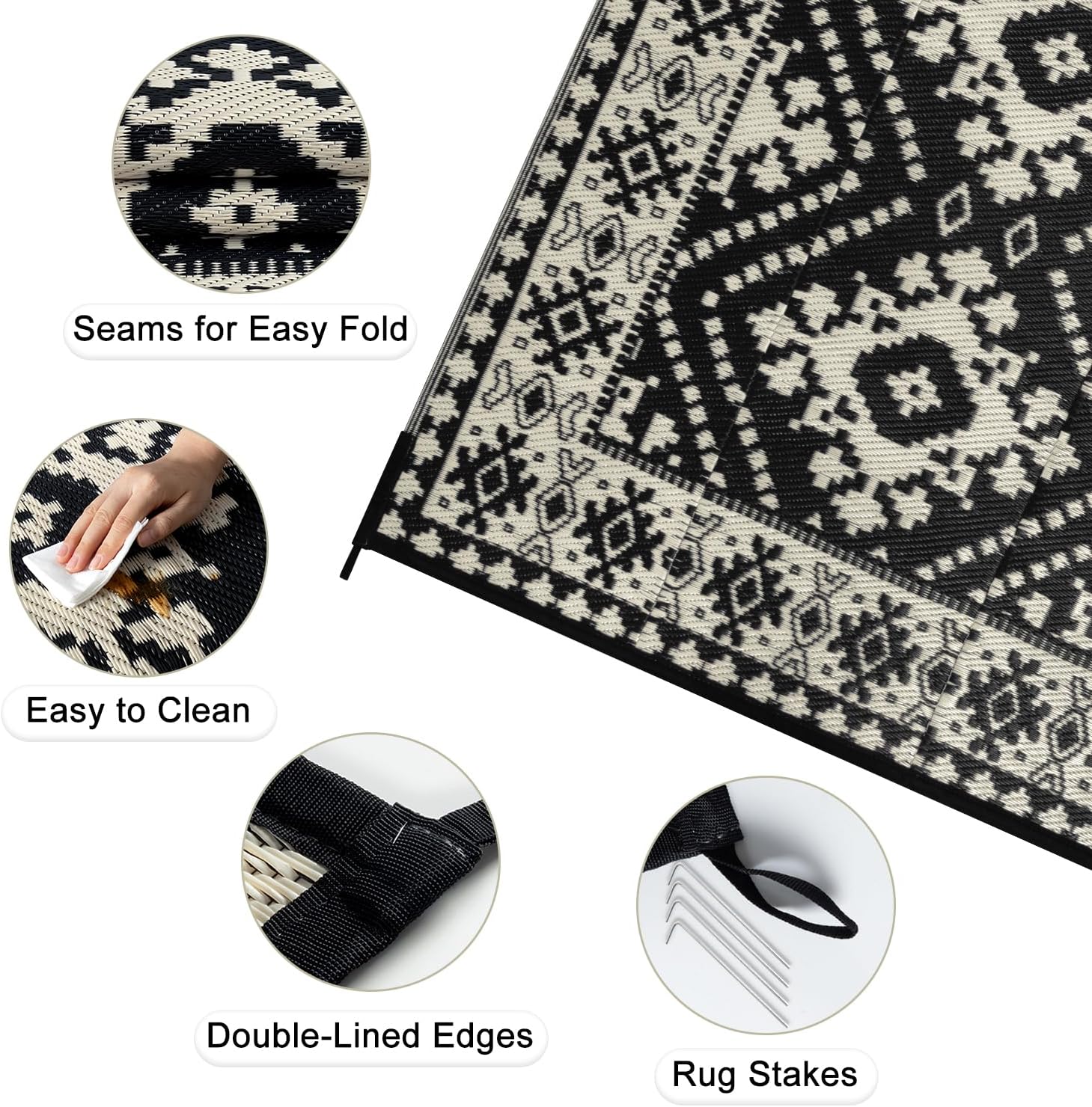 Uphome Outdoor Plastic Straw Rug 8x10ft, Reversible Boho Outdoor Rug, Waterproof Lightweight Foldable Balcony Rug, Tribal Geometric Large Indoor Outdoor Carpet for Backyard Beach Pool, Black/Brown