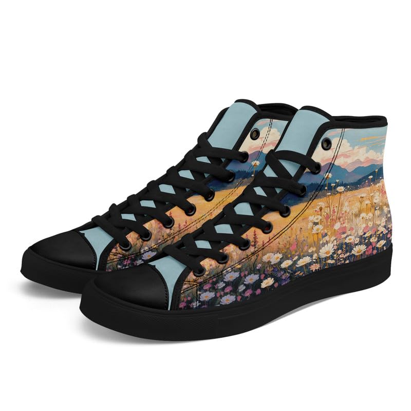 Flower Art High Top Canvas Sneakers Lace Up Classic Casual Walking Shoes Fashion Ladies Girls Flat Running Trainers