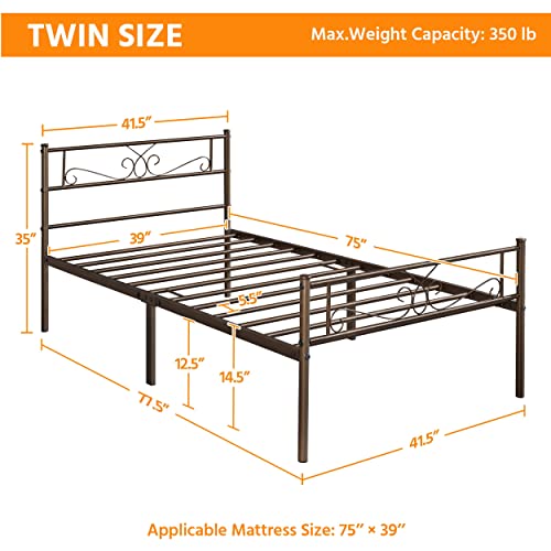 Yaheetech Twin Bed Frames Metal Platform Bed with Headboard and Footboard No Box Spring Needed Easy Assembly,Ground Clearance: 12.6''/Bronze/Twin Bed