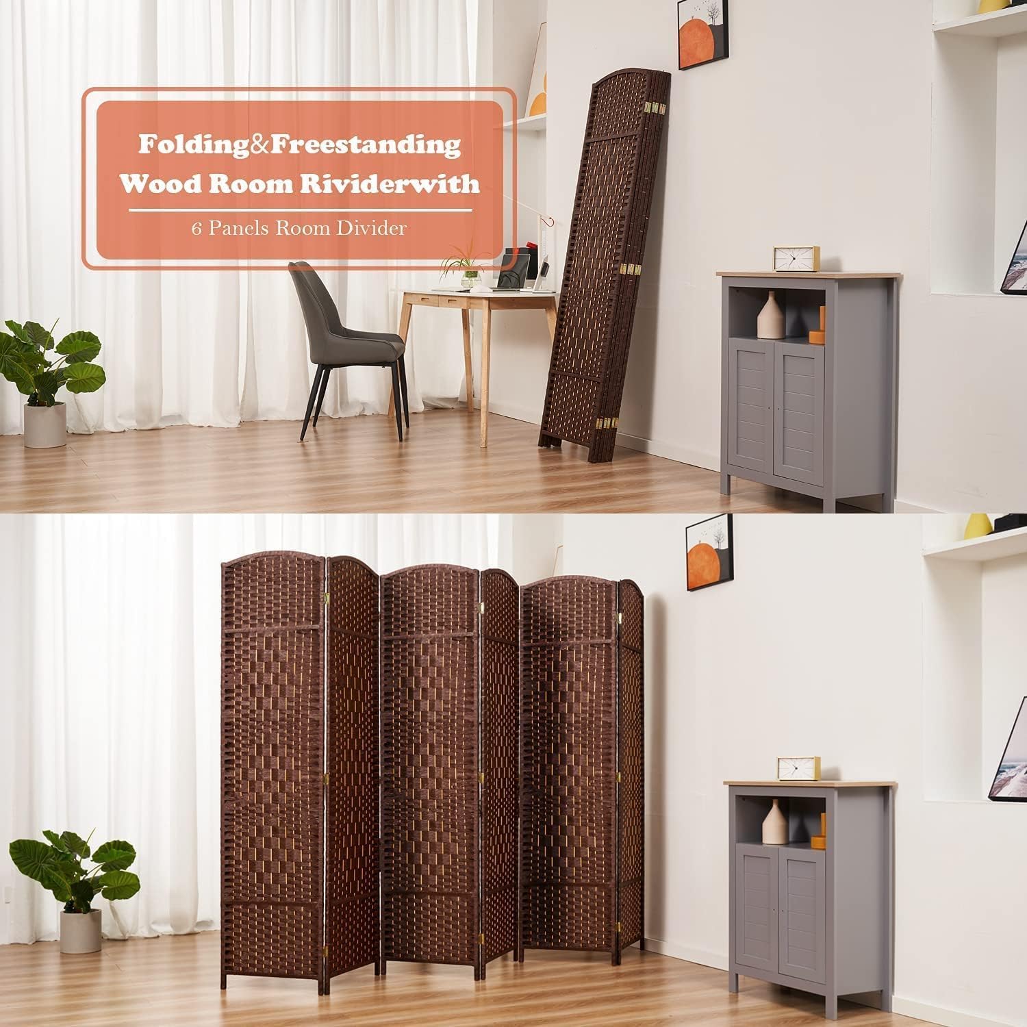 Room dividers 6 ft Folding Privacy Screen, Tall Extra Wide Partition Foldable Panel Wall Divider(Brown, 6 Panel)