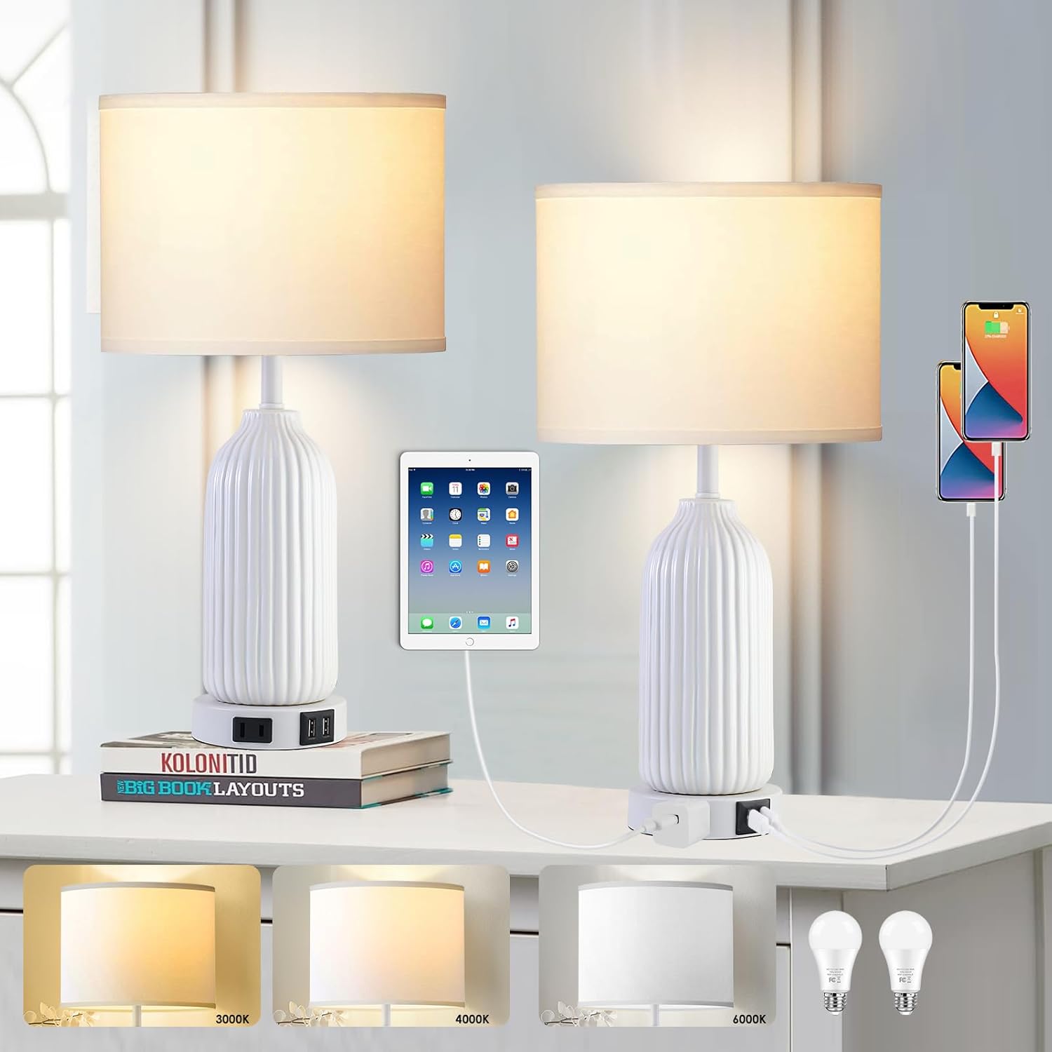 20’’ Ceramic Table Lamps - 3 Color Temperatures Bedside Lamps Set of 2 with USB Ports & AC Outlet, Modern White Lamps for Bedroom Nightstand, Coastal Lamps for Living Room End Table with 2 LED Bulbs