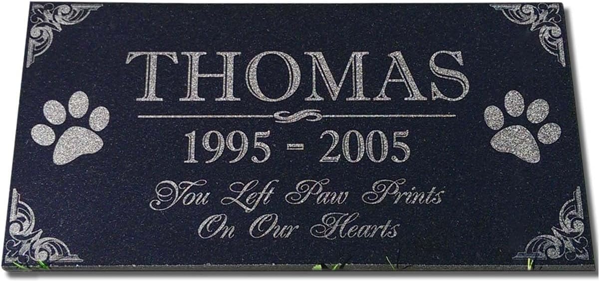 You Left Paw Prints on Our Hearts Pet Memorial Stones Personalized Headstone Grave Marker Absolute Black Granite Garden Plaque Engraved with Dog Cat Name Dates