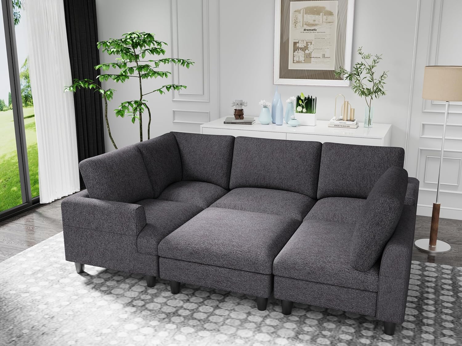 U-Shaped Oversized Modular Sectional Sofa Couch with Movable Ottoman,Chenille Upholstered L/U 6 Seaters Free Combined Corner Sofa&Couch Convertible Spacious Sleeper Sofabed for Living Room