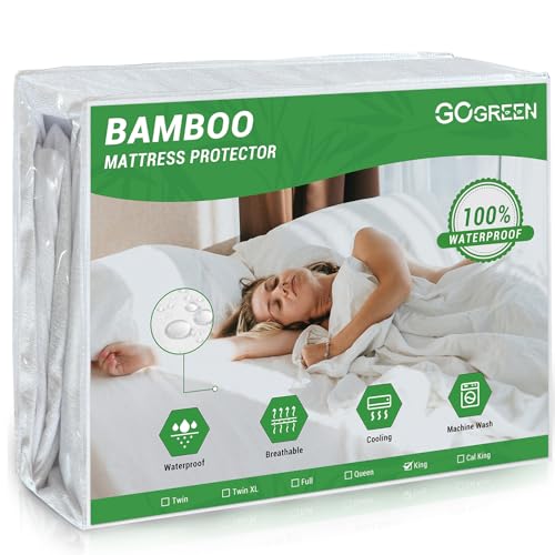 Gogreen Bamboo Rayon Waterproof Mattress Protector, Stretchable Queen Mattress Protector Fit up to 16