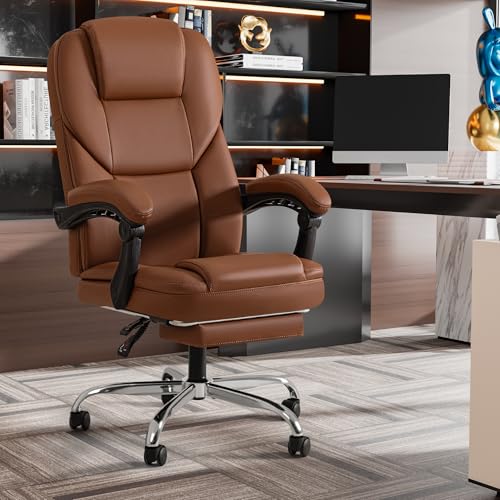 Executive Office Chair, Ergonomic High Back with Footrest, Reclining Leather Seats with Lumbar Support, Comfy with Double Thick Cushion, Big and Tall 500 Lbs Heavy Duty, Brown