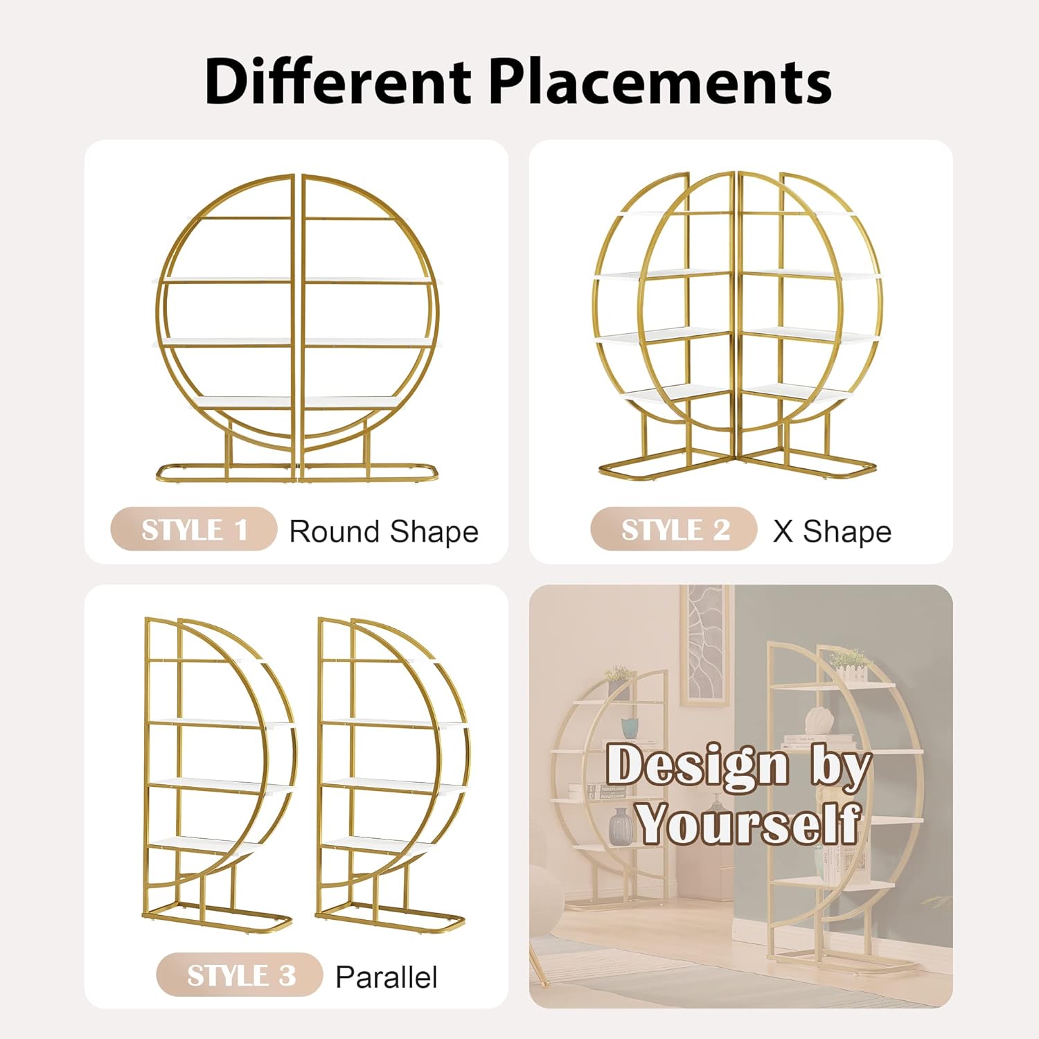 4-Tier Bookcase Home Office Open Bookshelf with Different Placement Ways,Round-Shaped Bookcases w/Anti-Falling Device,Steel Frame,Easy to Assemble,Golden+White