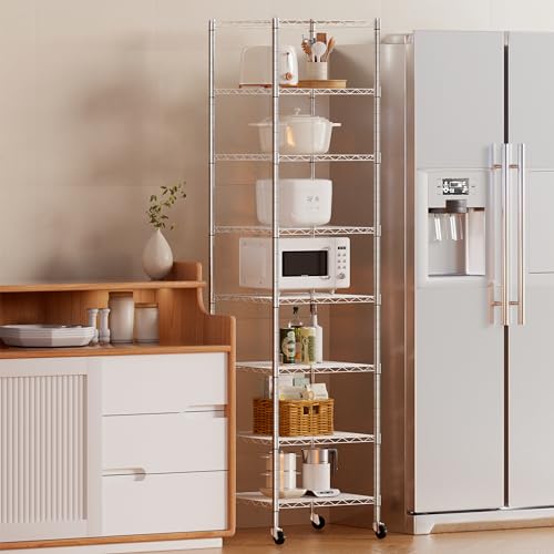 Finnhomy Heavy Duty 8 Tier Wire Shelving with Wheels 18x18x72.8-inches 8 Shelves Storage Rack Thicken Steel Tube, Pantry Shelves for Storage, Adjustable Shelving Unit, NSF Certified, Chrome