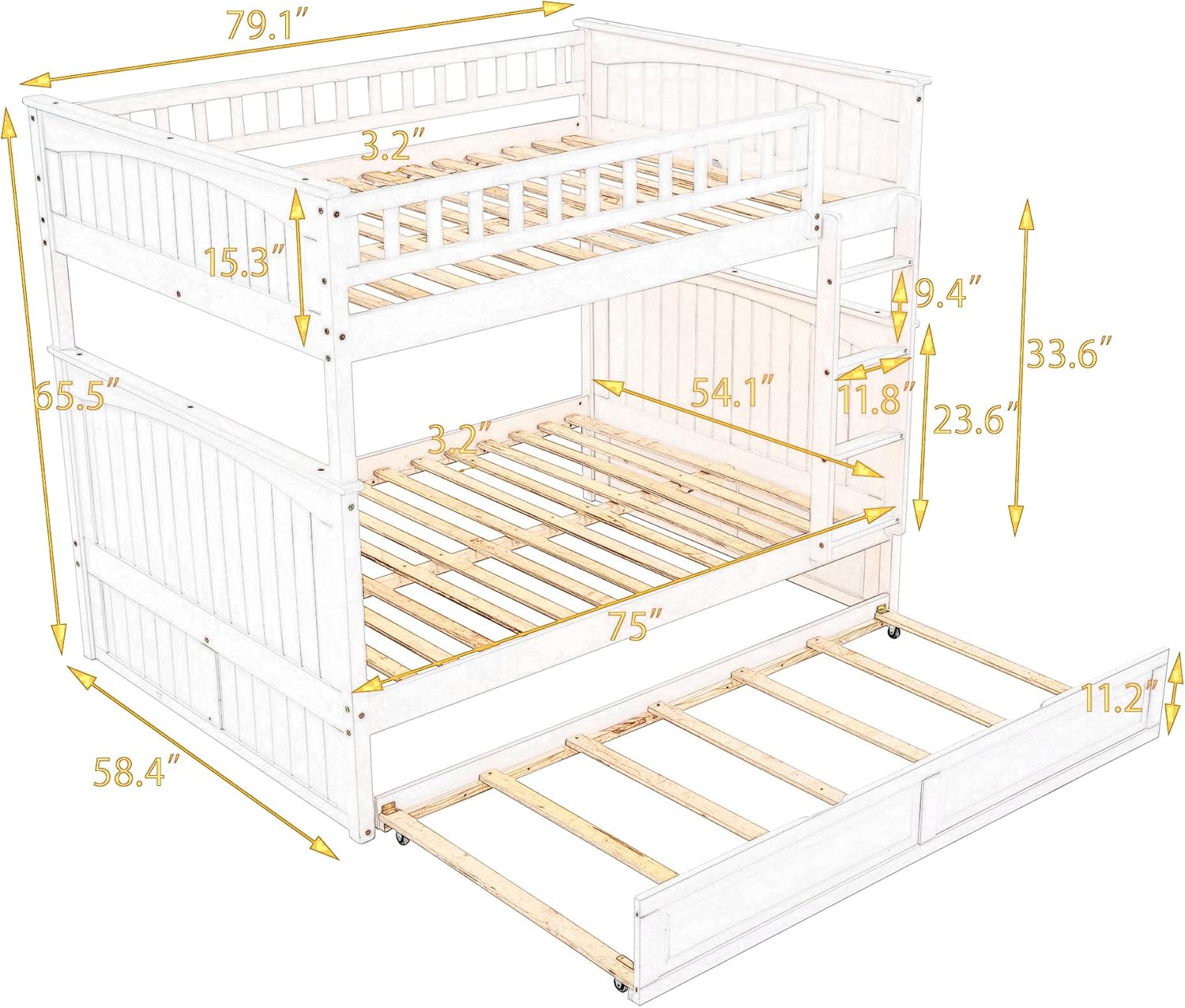 Full Bunk Bed with Double Size Castor Floor Bed, Space Saving, Pine Bunk Bed Frame with Guard Rails, Adult Ladder, Wooden Bunk Bed for Teens Kids, White