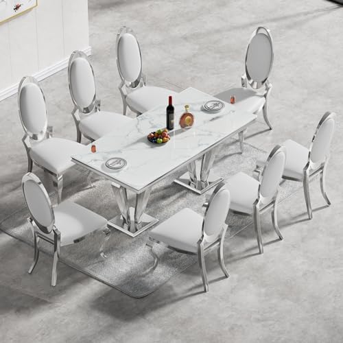 Goujxcy White Marble Dining Table Luxury Faux Marble Kitchen Table with Silver Mirrored Finish Stainless Steel Legs,70