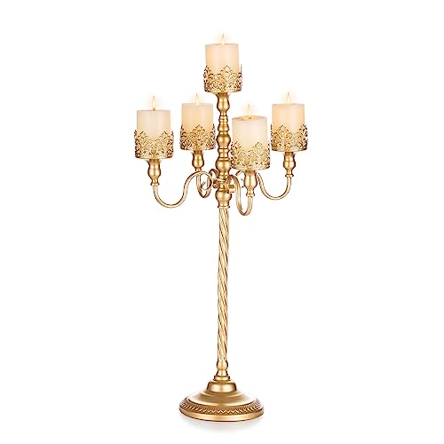 Sziqiqi 22inch Pillar Candle Holder for Wedding 3-Candle Gold Candle Holders for Table Centerpiece Tall Metal Flower Candelabra Candles Holder Stand for Events, Party, Ceremony