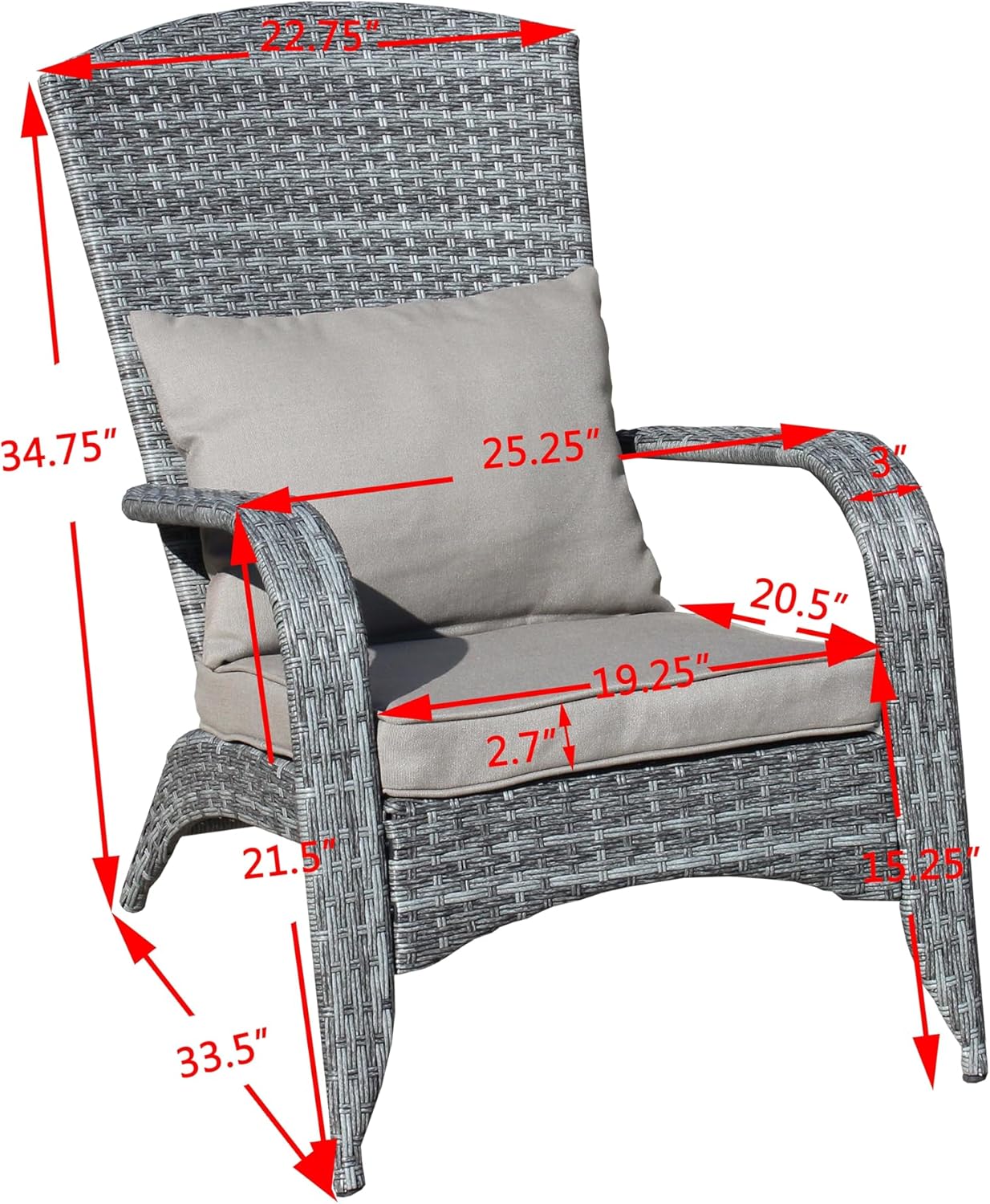 Outdoor Wicker Adirondack Chairs, Rattan Fire Pit Chairs Oversized Comfy Relax Accent Patio Chairs with Soft Cushion Low Deep Seating Tall Curved Backrest for Outside Backyard Deck Porch