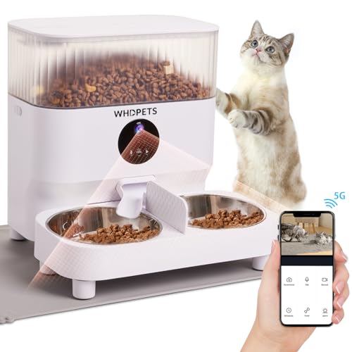 Automatic Cat Feeders, WHDPETS WiFi Pet Feeder with 1080P Camera for 2 Cats & Dogs, 5L Auto Dog Food Dispenser with Feeding Mat, Portion Control, Dual Power Supply, Voice Recorder, 2.4G Wi-Fi Enabled