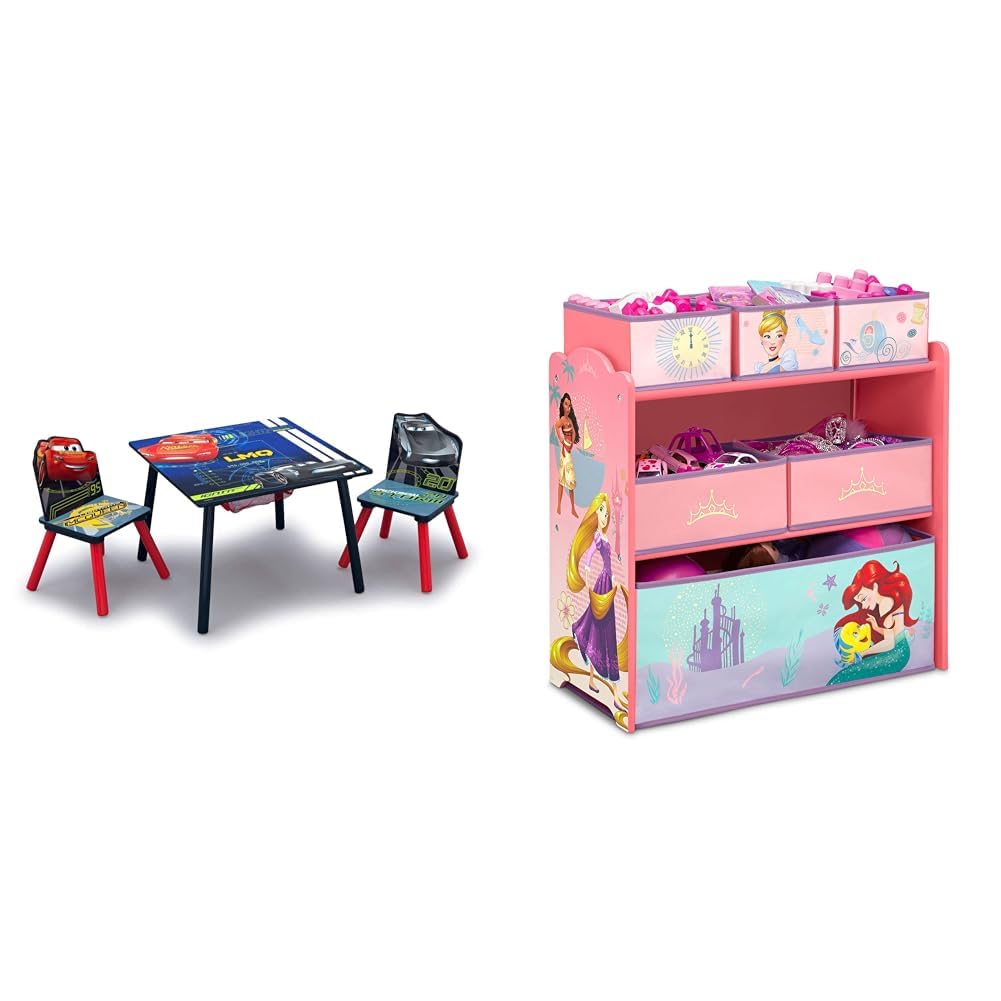 Delta Children Kids Table and Chair Set with Storage (2 Chairs Included) & Design & Store 6 Bin Toy Storage Organizer, Disney Princess