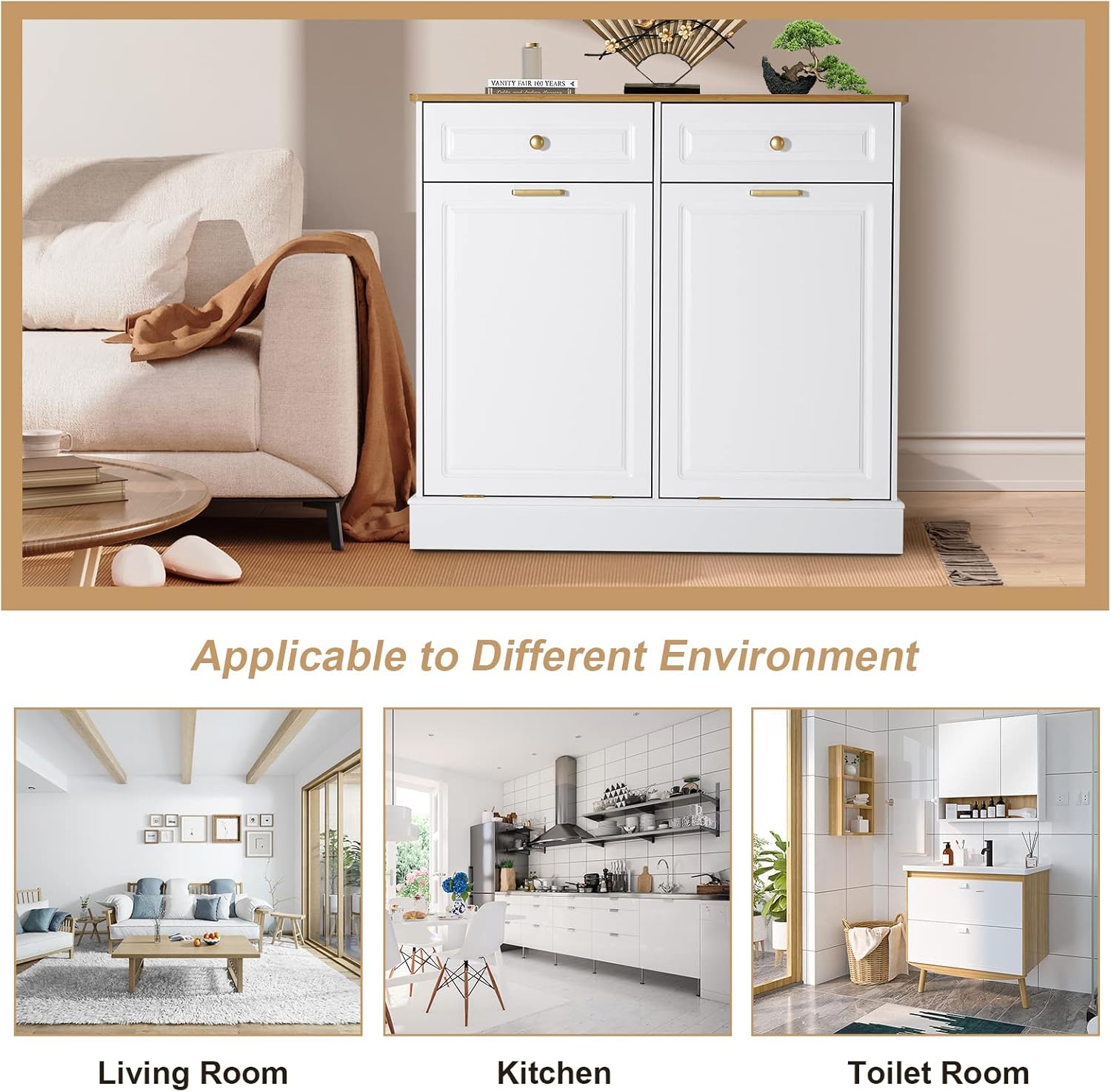 UEV Double Kitchen Trash Cabinets,Two Tilt Out Trash Cabinets with Solid Hideaway Drawers,Free Standing Wooden Kitchen Trash Can Recycling Cabinet Trash Can Holder (White)