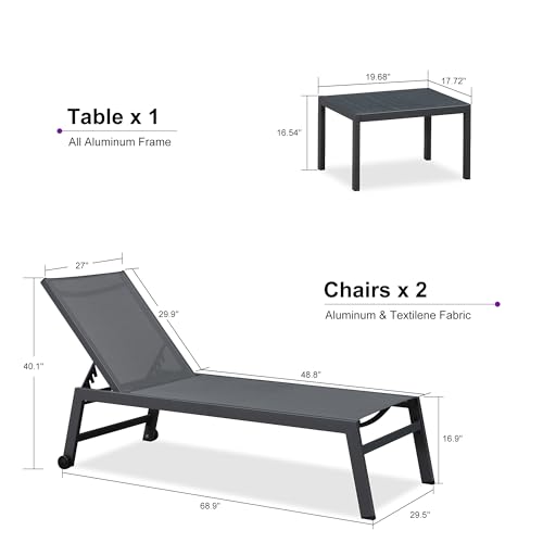 PURPLE LEAF Outdoor Chaise Lounge Set for 2 Aluminum Patio Chaise Lounger Chair with Armrest Adjustable Pool Chaise Lounge Chair for Beach Yard Poolside Table Included, Sand Beige