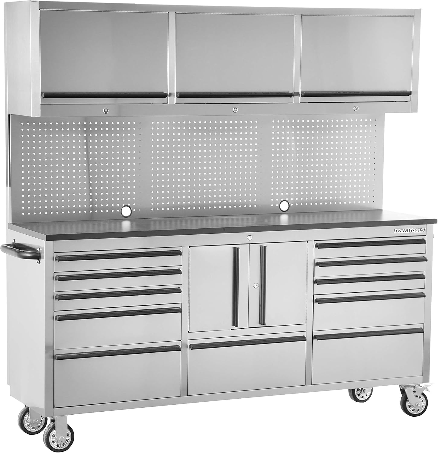 OEM TOOLS 72 Inch 11 Storage Cabinet System Elite Stainless Steel Rolling Chest, Mobile Workstation Tool Box with Drawers for Garage, Workshop, Or Jobsite, Silver