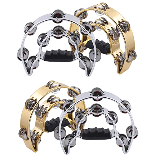 4 Pack Tambourine for Adults, Handheld Tambourine with Metal Jingles, Tamborines Musical Instrument, Half Moon Percussion Tambourines, Double Row Tambourine for Church, Party, KTV, Kids