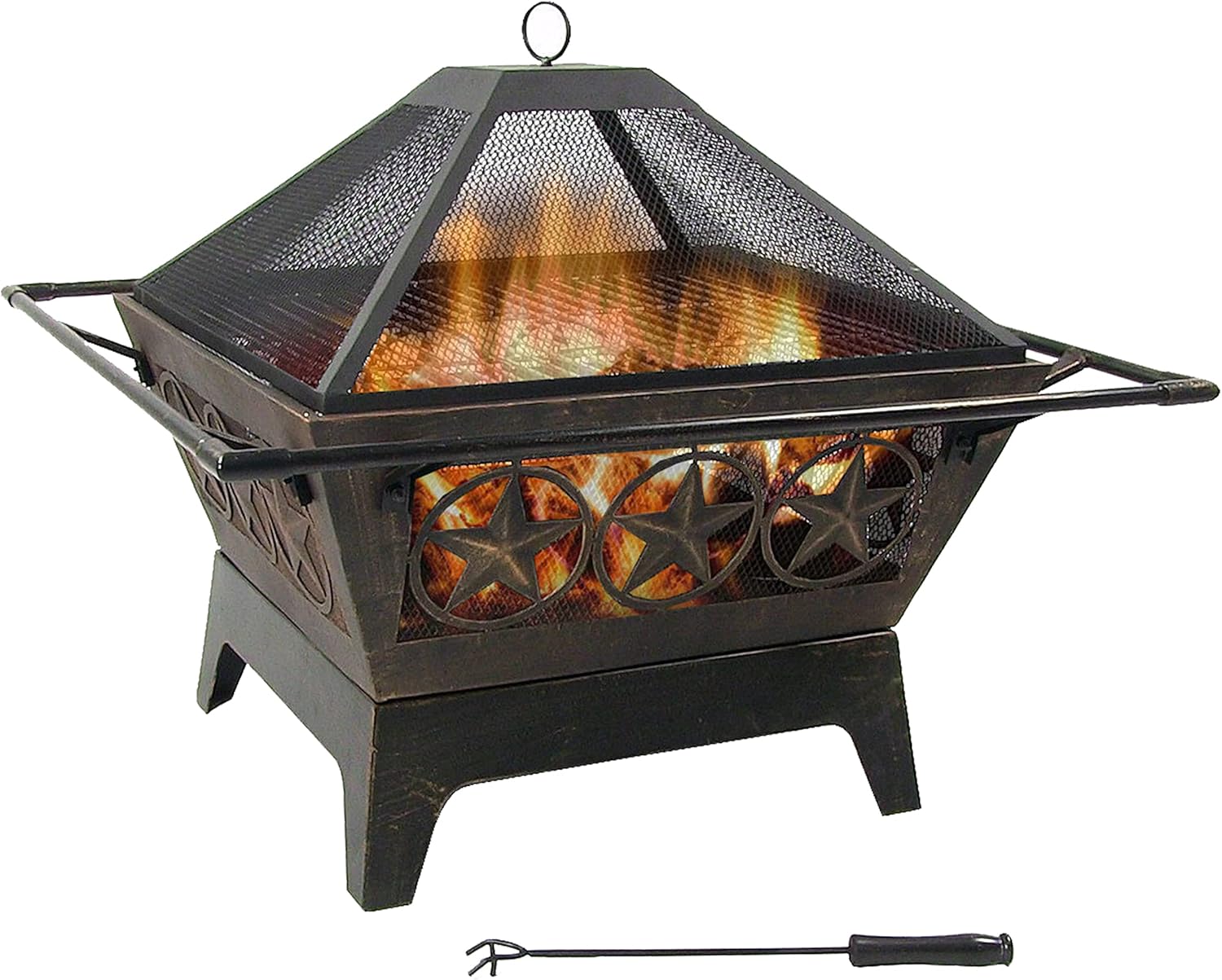 Sunnydaze Northern Galaxy 32-Inch Heavy-Duty Square Fire Pit with Cooking Grill Grate, Spark Screen, and Fireplace Poker