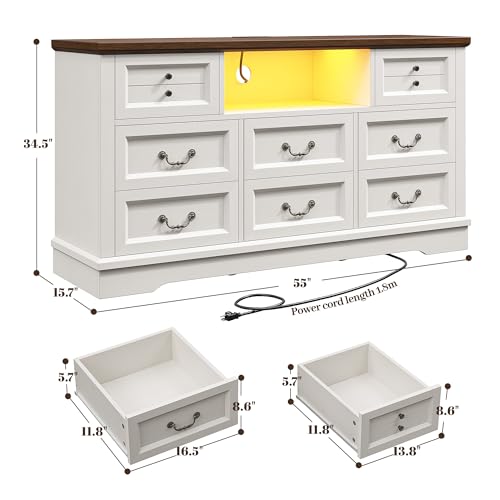 EnHomee Farmhouse Dresser with Power Outlets and LED Lights, 55
