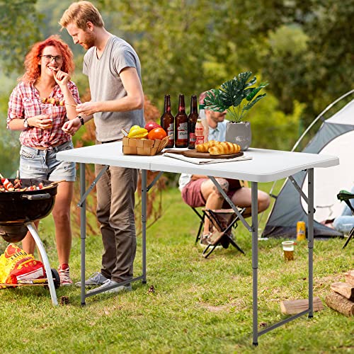 EROMMY Folding Picnic Table, 4ft Portable Plastic Folding Table with Adjustable Height and Handle Design, Folding Camping Table, Suitable for Picnic, Party, Group Activities